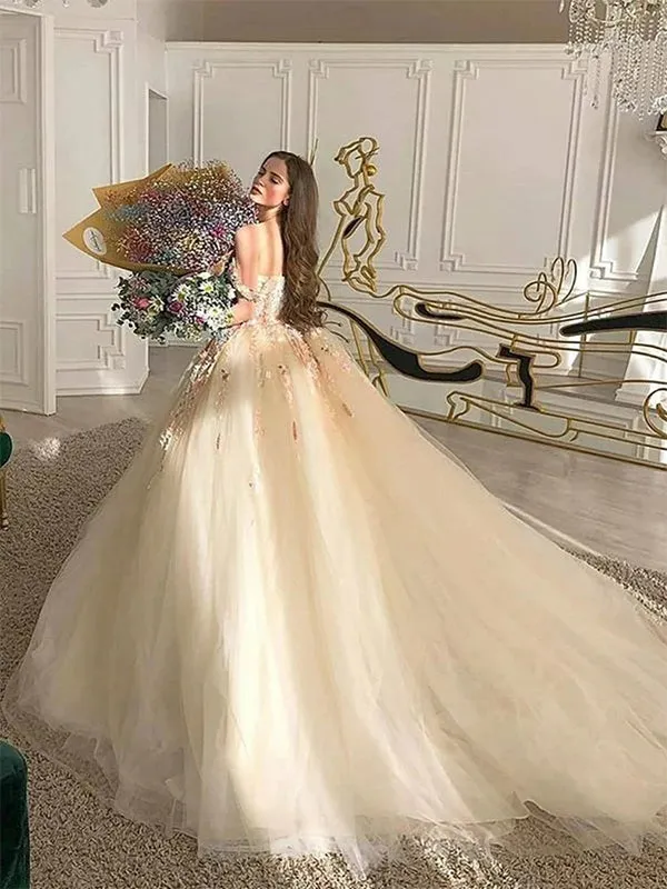 Gorgeous Champagne Flowers Off the Shoulder Tulle A-line Long Prom Dresses Wedding Dress, OL825