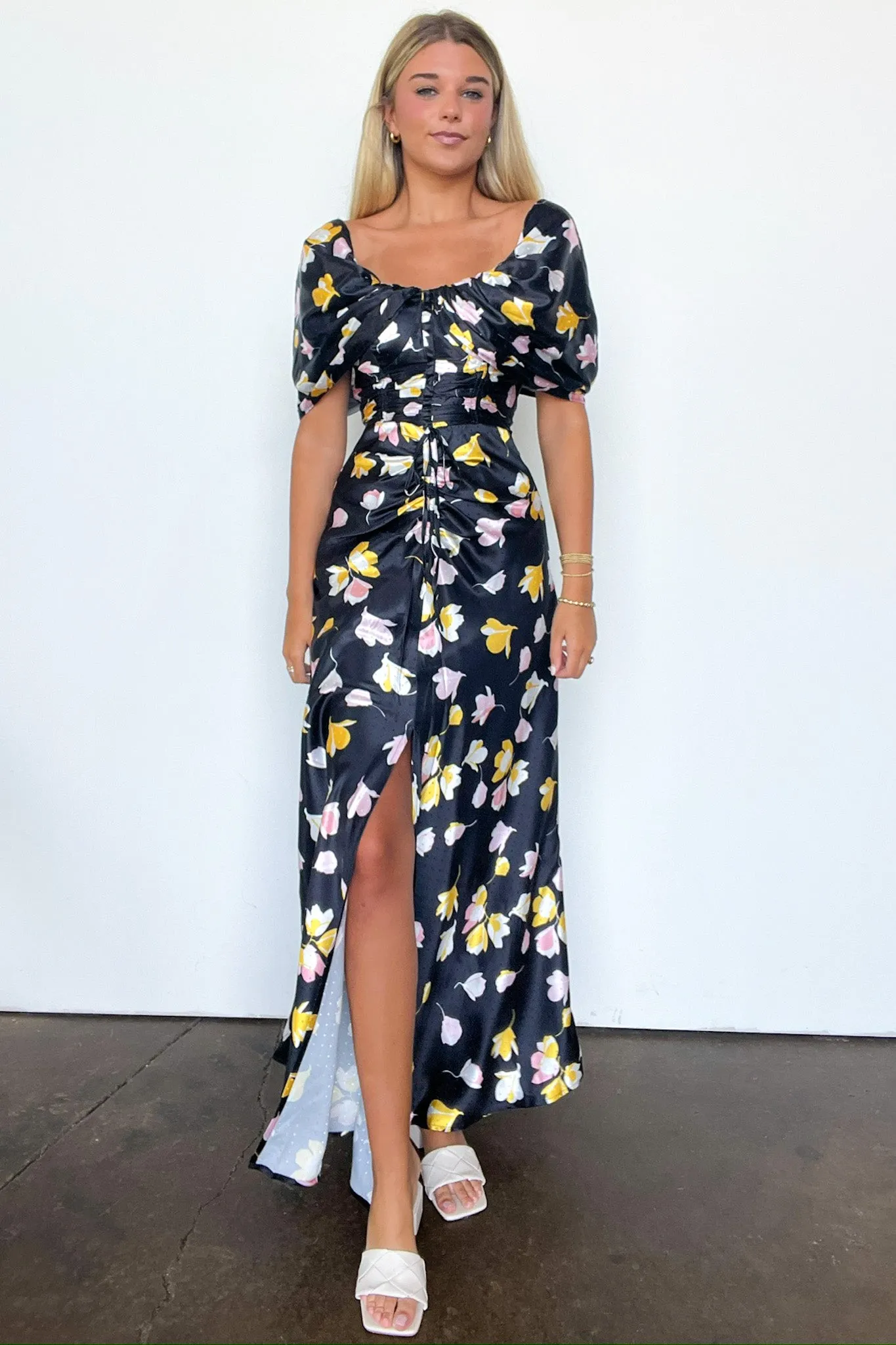 Gorgeous Purpose Floral Ruched Slit Maxi Dress