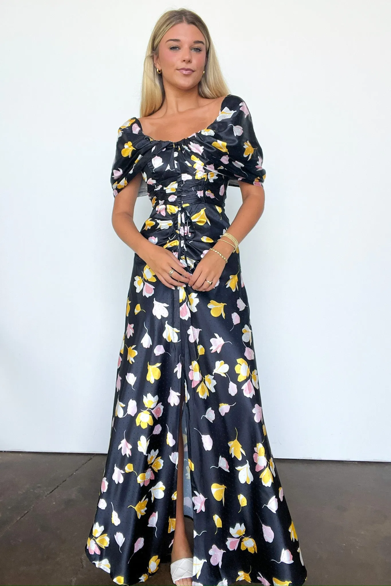 Gorgeous Purpose Floral Ruched Slit Maxi Dress