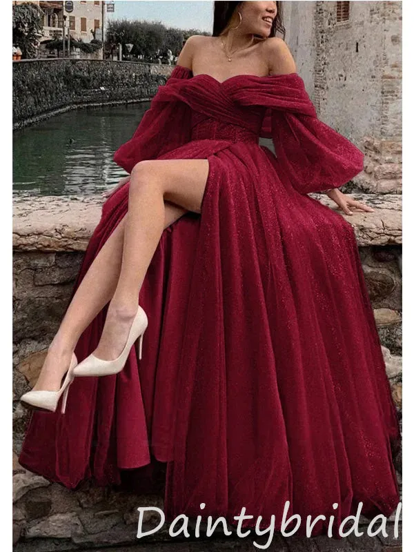 Gorgeous Red Long Sleeves Off the Shoulder A-line Long Prom Dresses Evening Dress with Side Slit, OL898