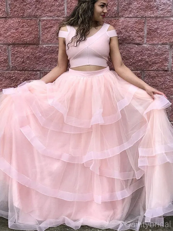 Gorgeous Two Pieces Off the Shoulder A-line Tulle Pink Prom Dresses Evening Dress, OL968