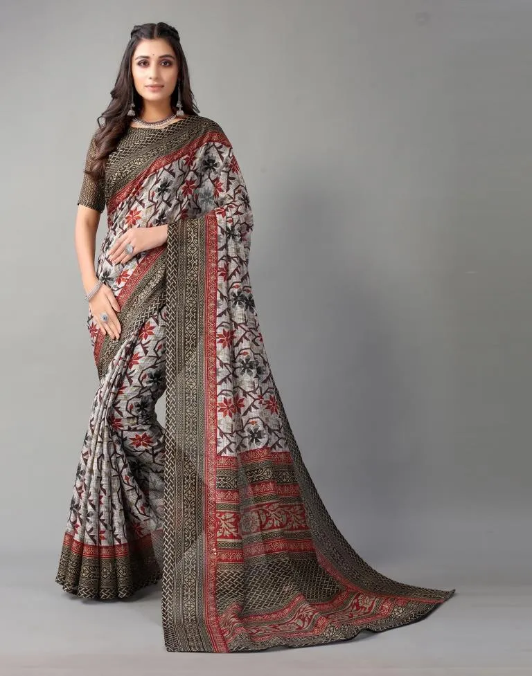 Grey Printed Cotton Saree