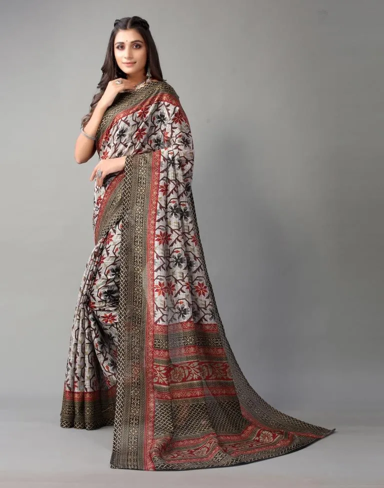 Grey Printed Cotton Saree