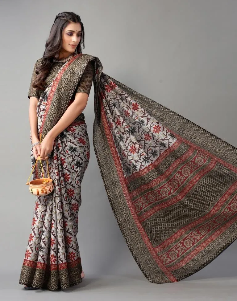 Grey Printed Cotton Saree