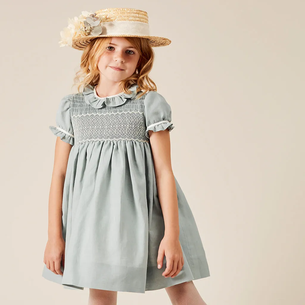 Handsmocked Flower Girl Occasion Dress in Teal & Ivory (12mths-8yrs)