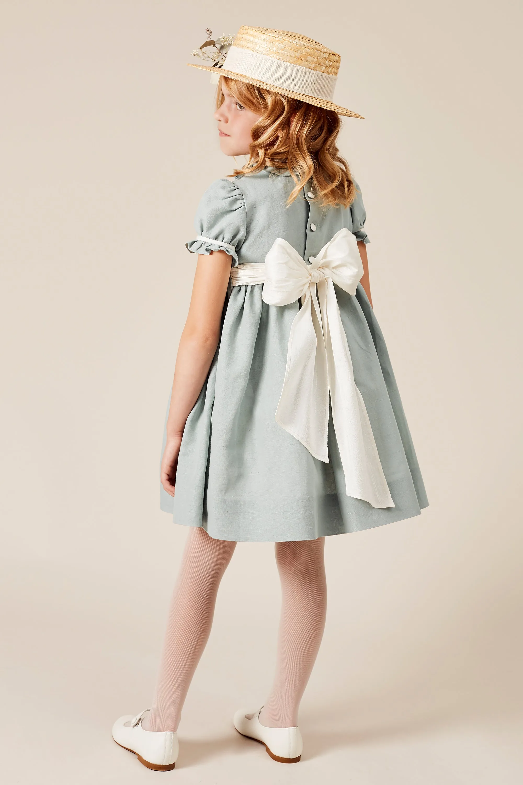 Handsmocked Flower Girl Occasion Dress in Teal & Ivory (12mths-8yrs)