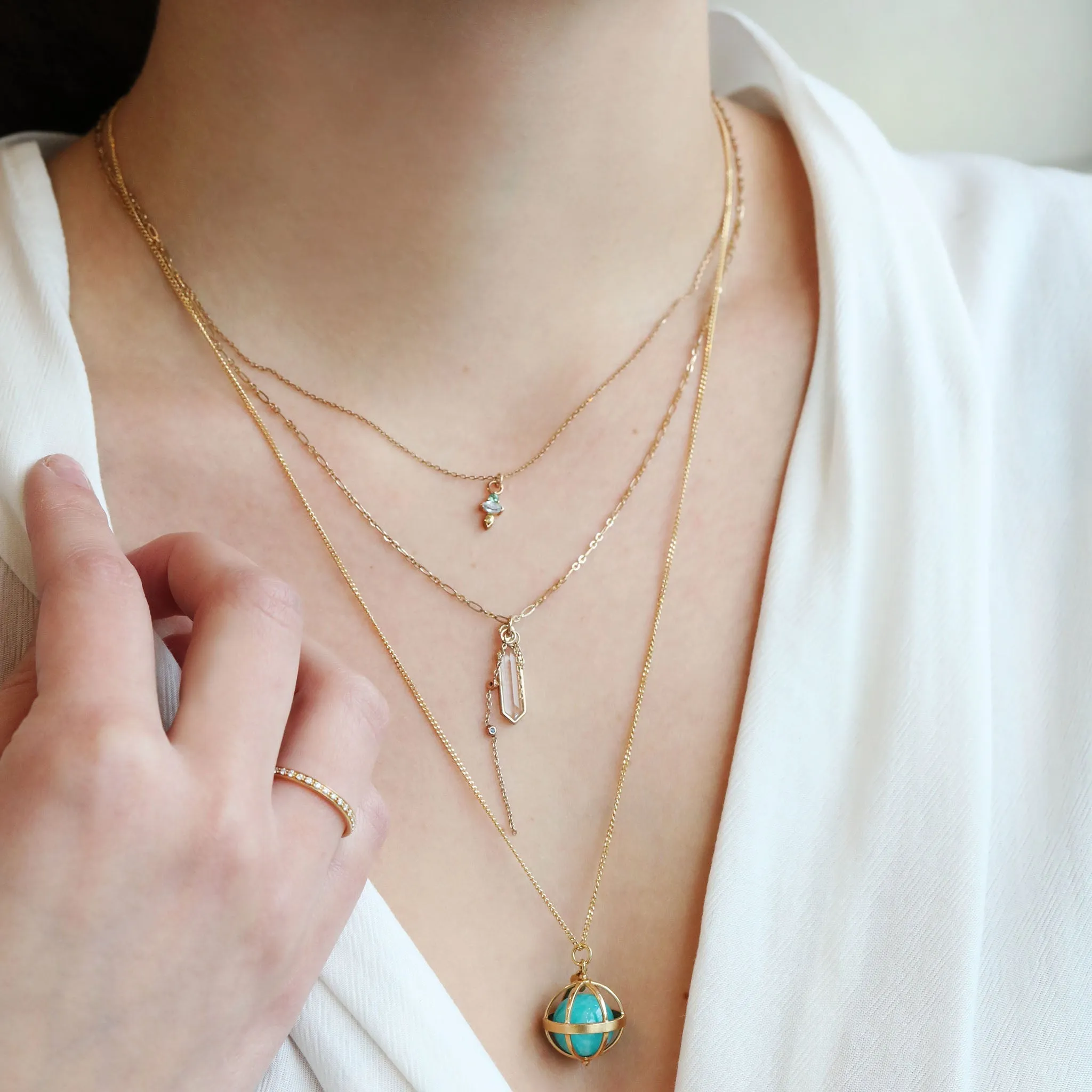 Hexagonal Quartz Pendant Necklace with Double Chain Drop & Blue Sapphires