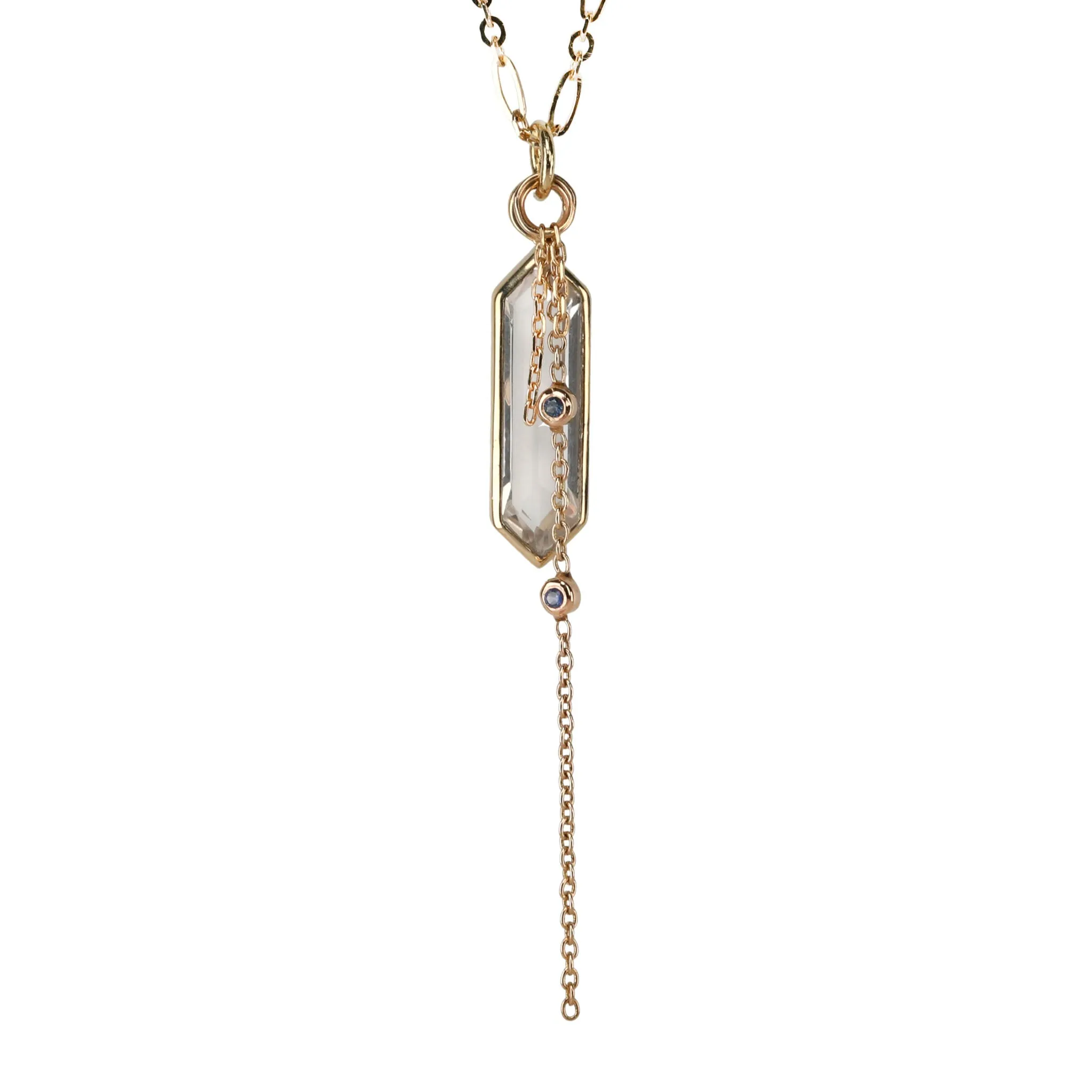 Hexagonal Quartz Pendant Necklace with Double Chain Drop & Blue Sapphires