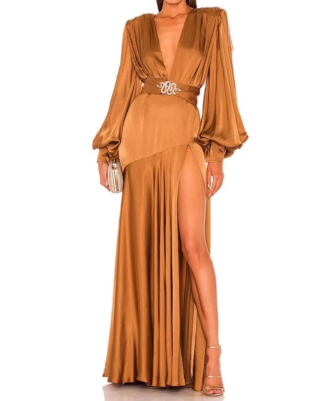 High Slit Lantern Sleeve Long Dress