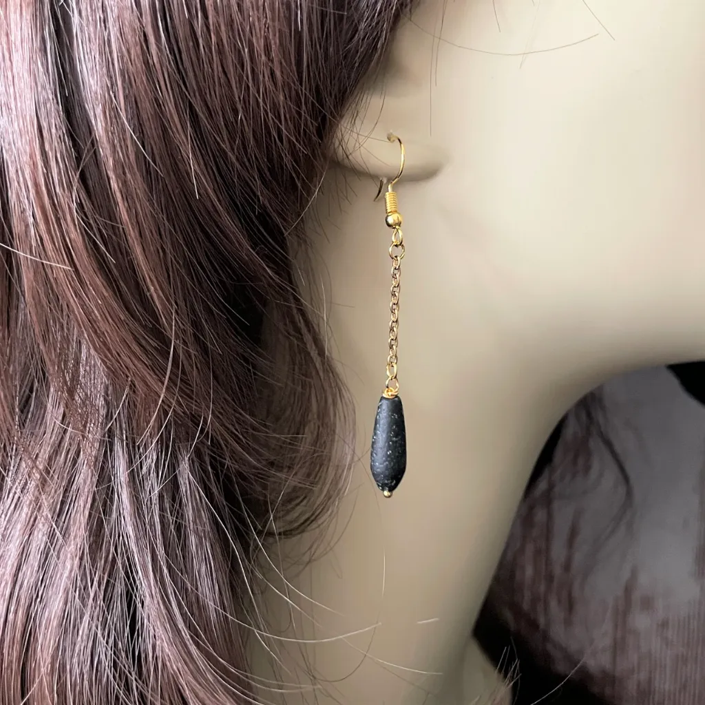 Jet Black Glass Long Teardrop Dangle Earrings