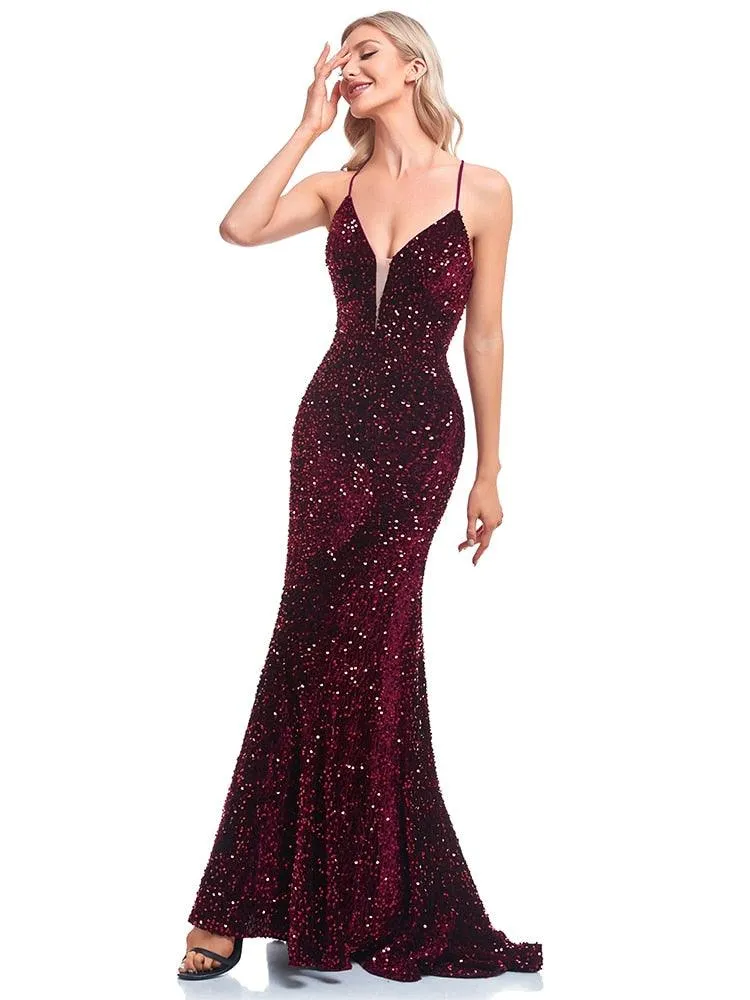 Lucyinlove Luxury Deep V-Neck Sequin Evening Dress