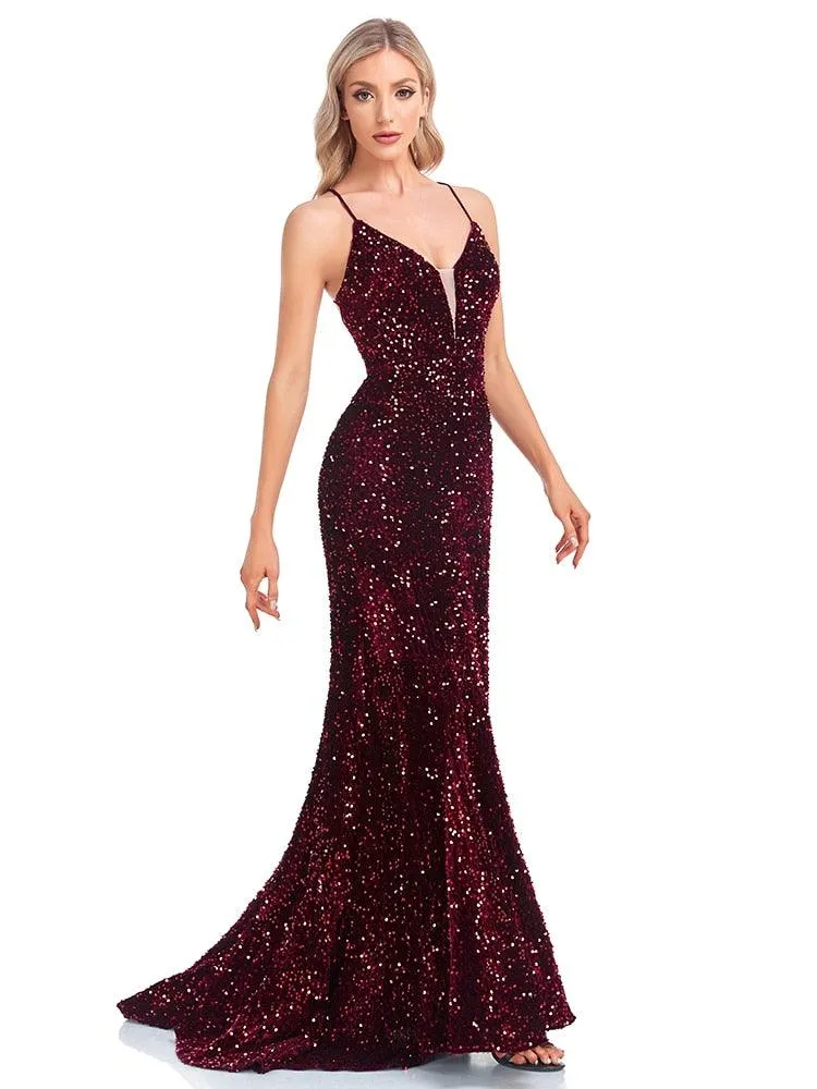 Lucyinlove Luxury Deep V-Neck Sequin Evening Dress