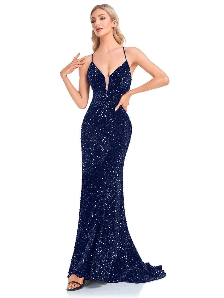 Lucyinlove Luxury Deep V-Neck Sequin Evening Dress