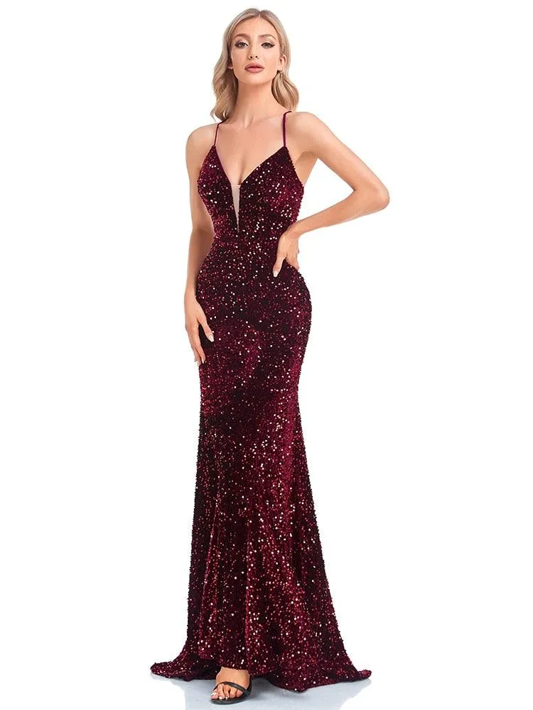 Lucyinlove Luxury Deep V-Neck Sequin Evening Dress