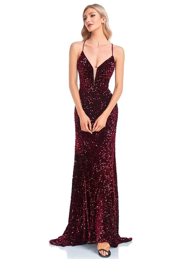 Lucyinlove Luxury Deep V-Neck Sequin Evening Dress