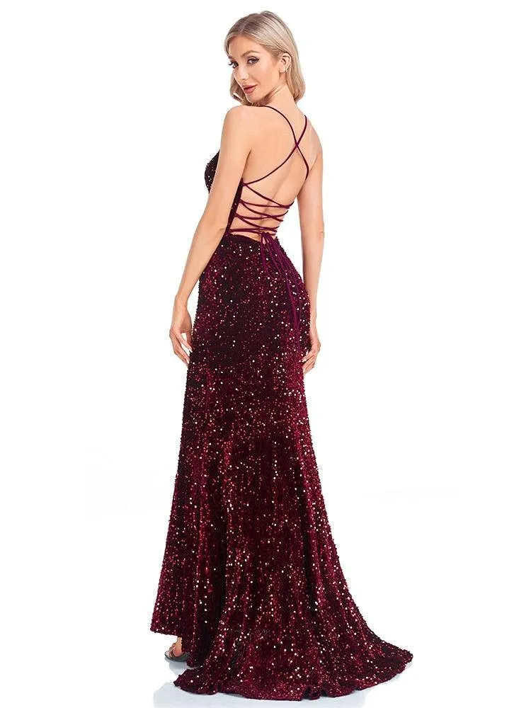 Lucyinlove Luxury Deep V-Neck Sequin Evening Dress