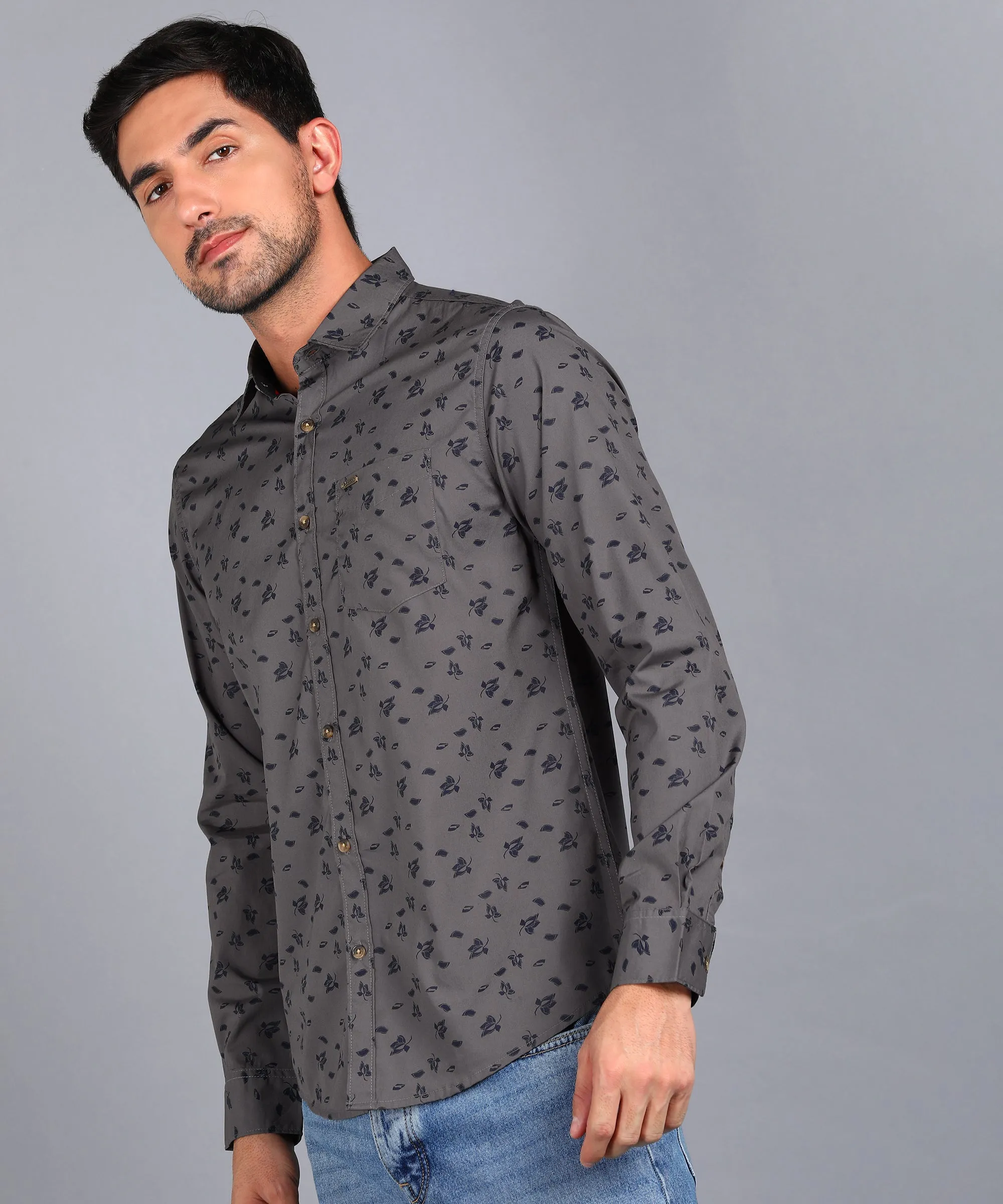 Men's Brown Cotton Full Sleeve Slim Fit Casual Printed Shirt