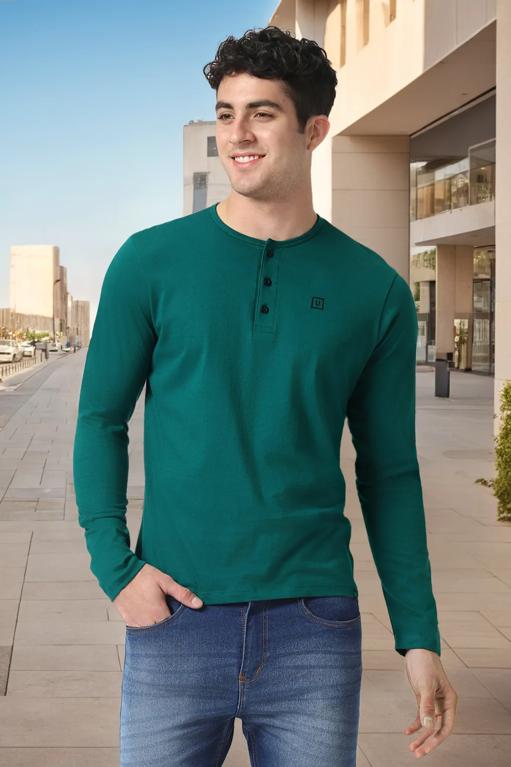 Men's Dark Green Solid Henley Neck Slim Fit Cotton T-Shirt