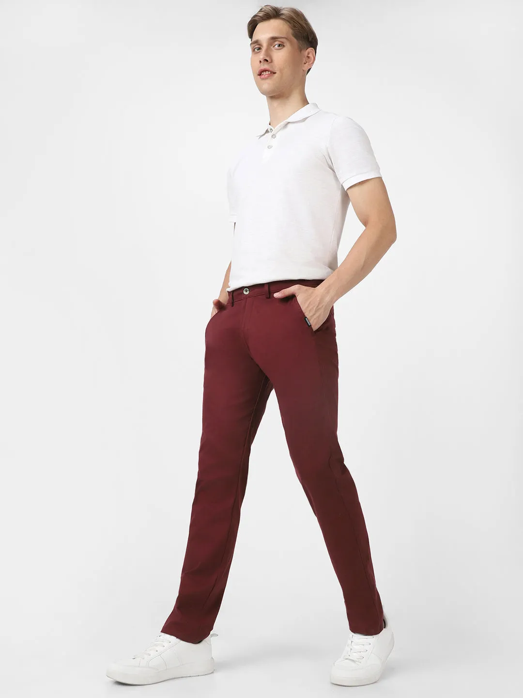 Men's Dark Maroon Cotton Slim Fit Casual Chinos Trousers Stretch