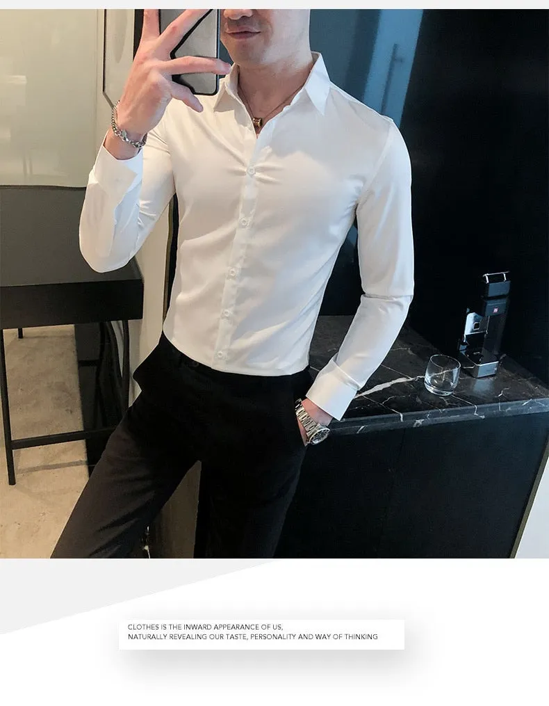 Men's Korean Fashion Polyester Embroidery Slim Fit Long Sleeve Shirt