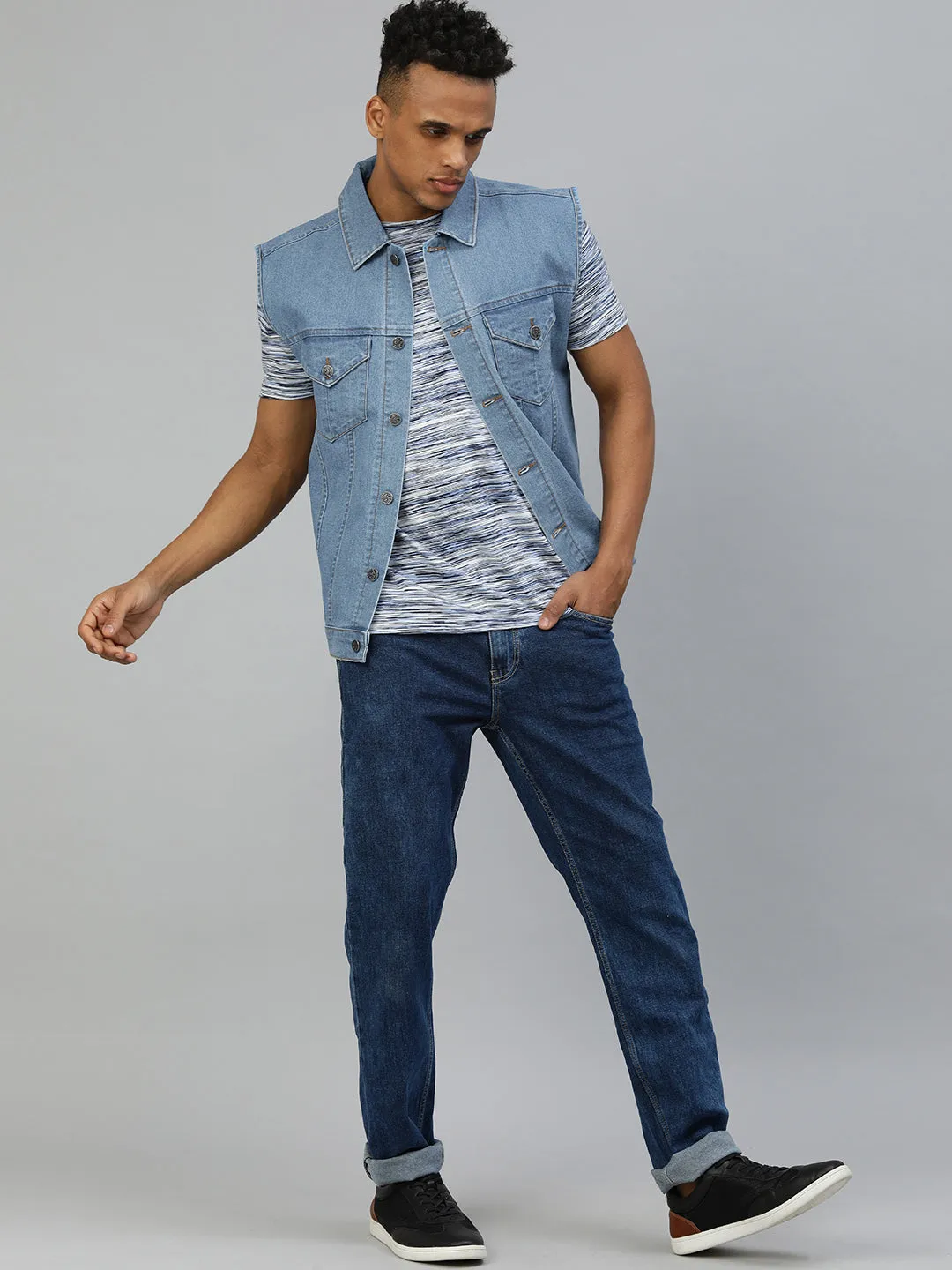 Men's Light Blue Slim Fit Washed Sleeveless Denim Jacket