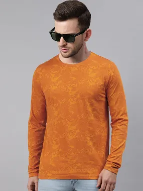 Men's Mustard Printed Full Sleeve Slim Fit Cotton T-Shirt