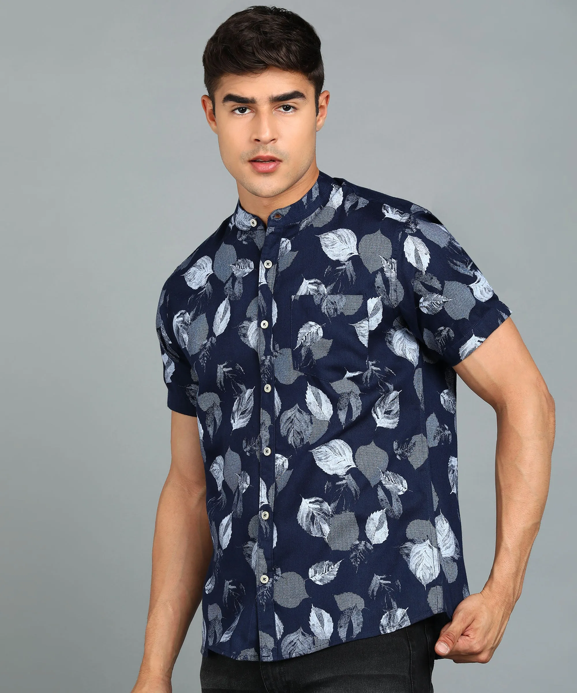 Men's Navy Blue Cotton Half Sleeve Slim Fit Casual Floral Printed Shirt