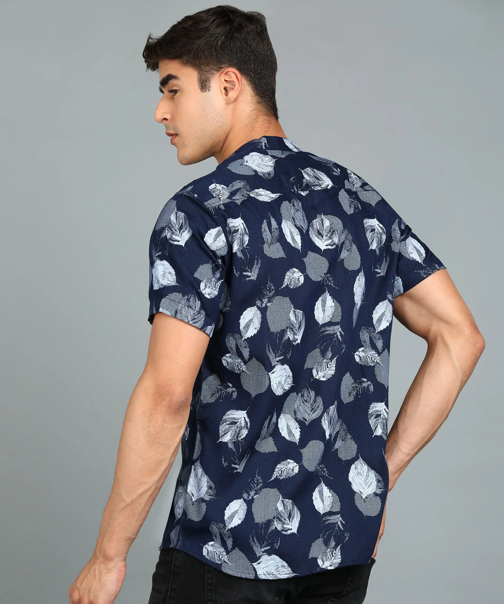 Men's Navy Blue Cotton Half Sleeve Slim Fit Casual Floral Printed Shirt