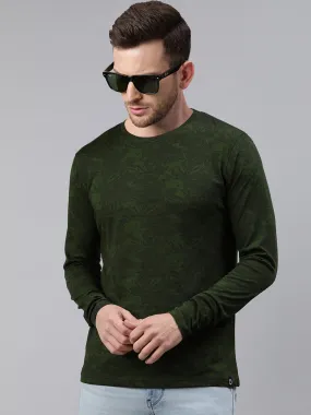 Men's Olive Green Printed Full Sleeve Slim Fit Cotton T-Shirt