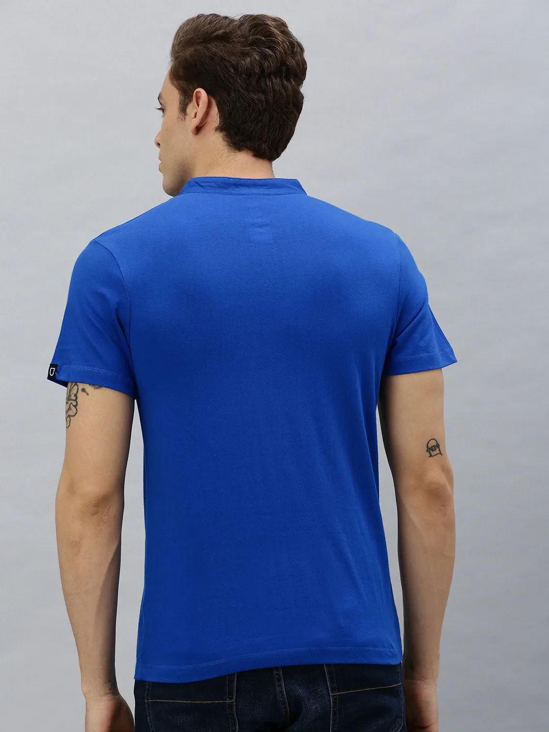 Men's Royal Blue Solid Mandarin Collar Slim Fit Cotton T-Shirt