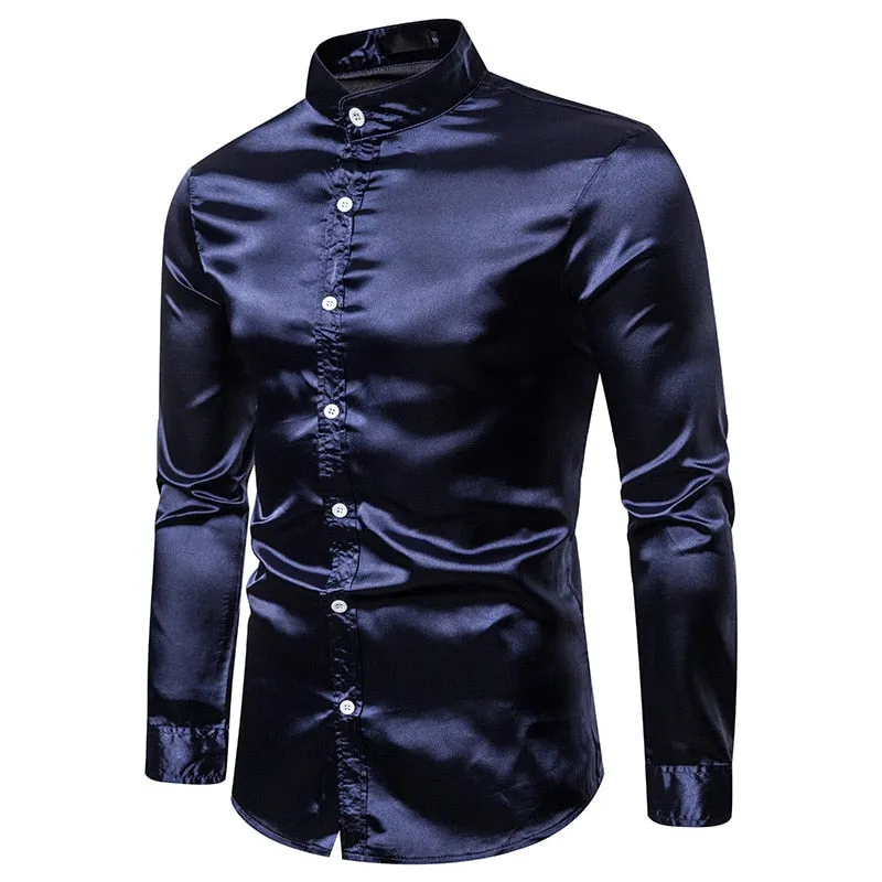 Men's Satin Silk Solid Slim Fit Shiny Long Sleeve Casual Party Shirt