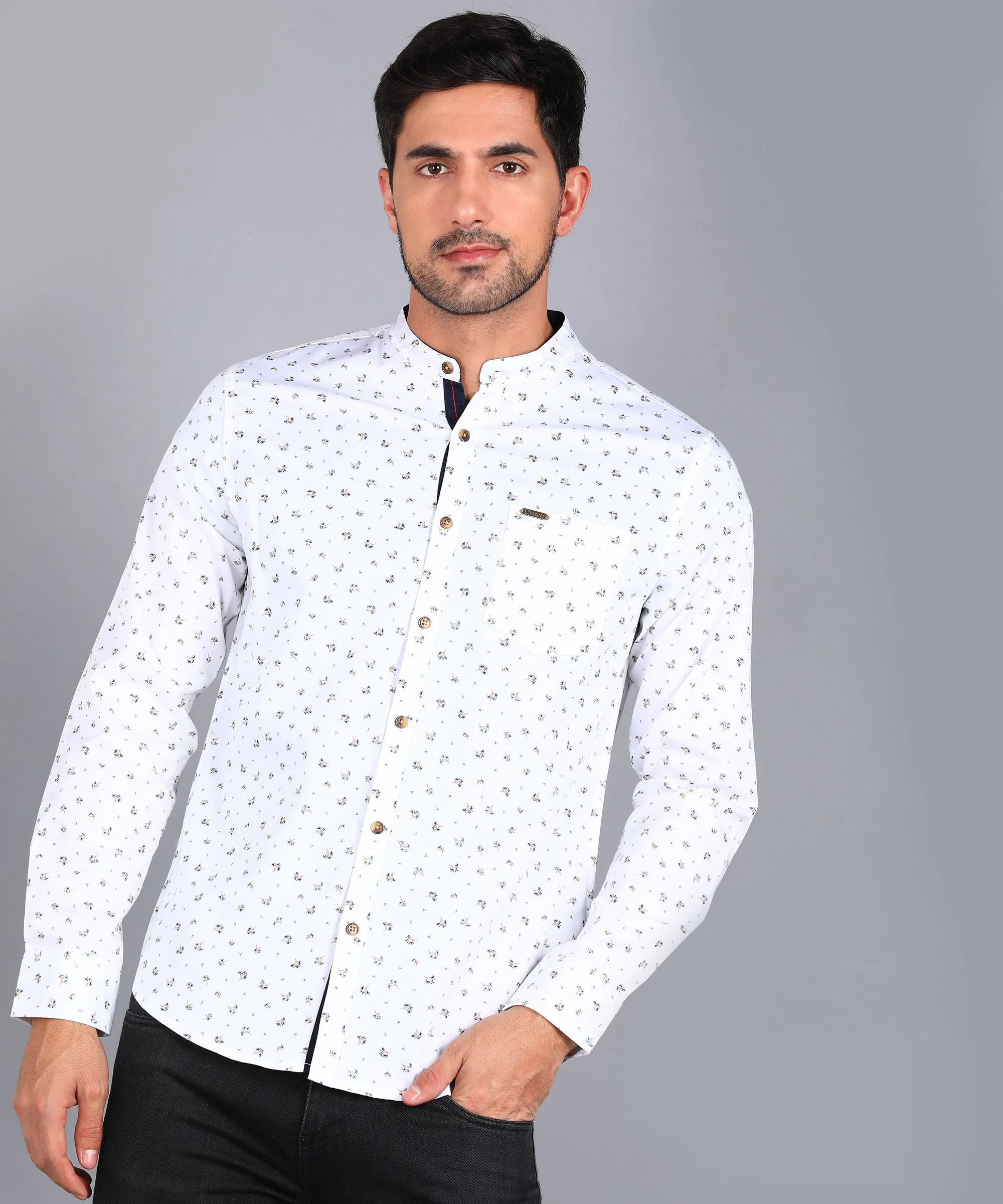 Men's White Cotton Full Sleeve Slim Fit Casual Printed Shirt