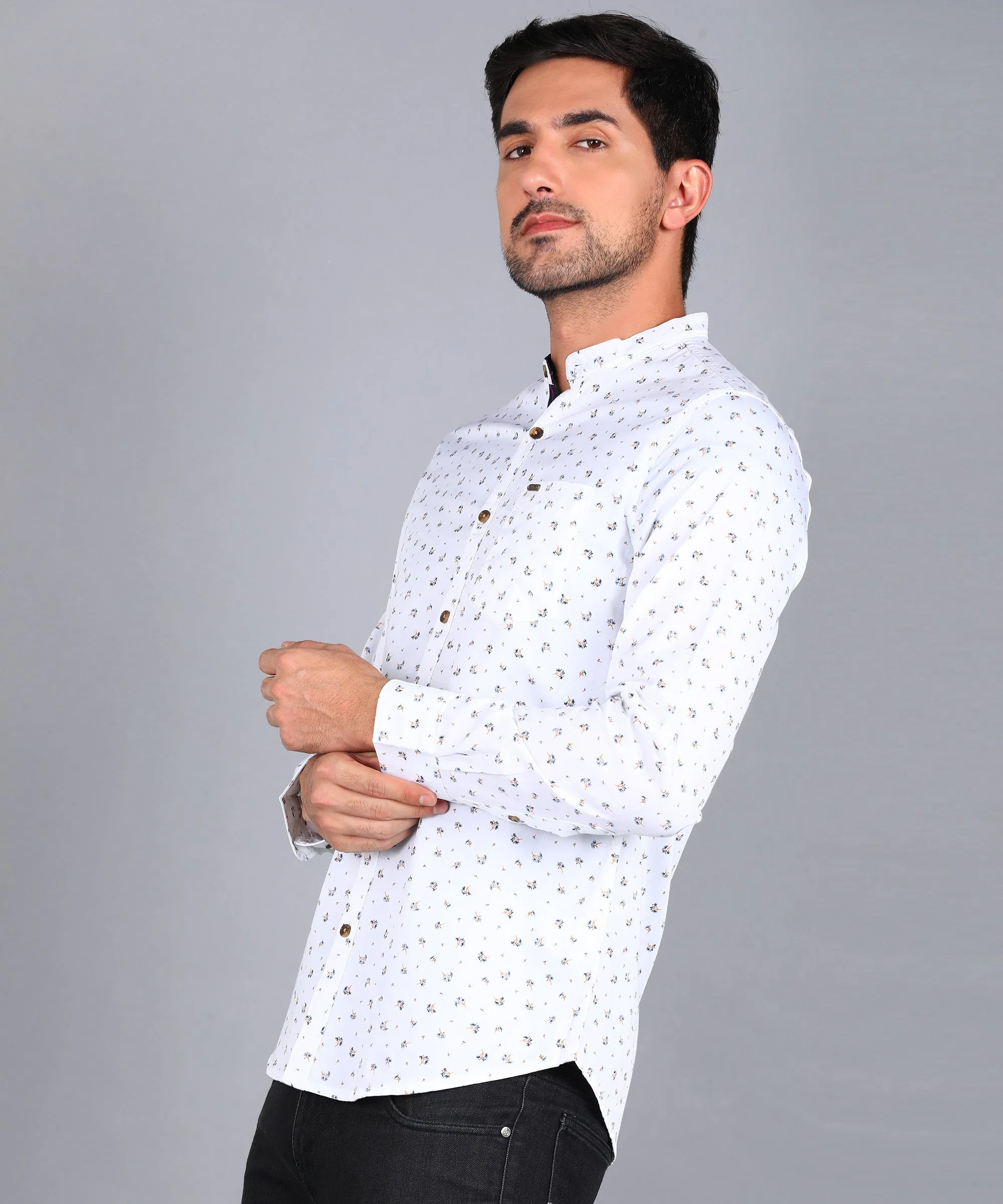 Men's White Cotton Full Sleeve Slim Fit Casual Printed Shirt