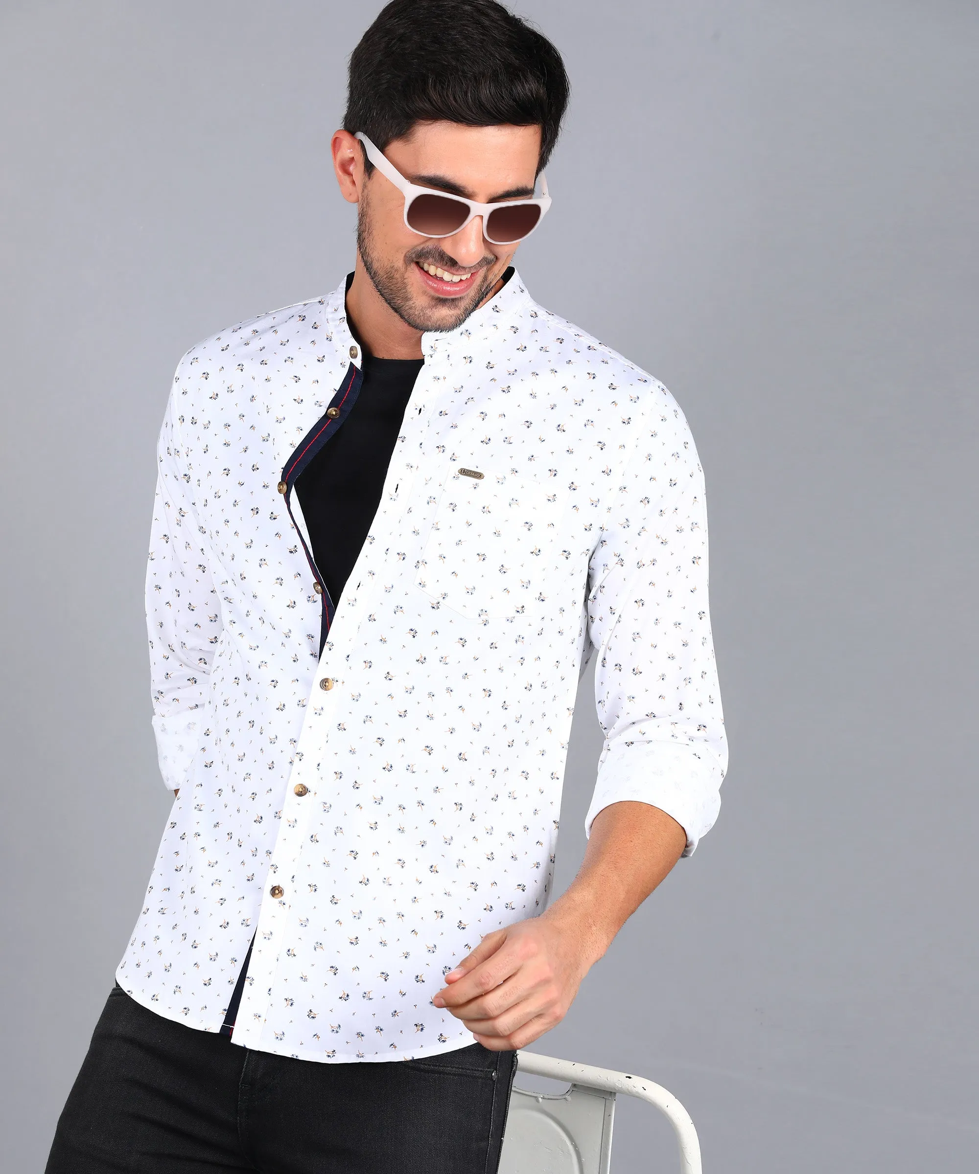 Men's White Cotton Full Sleeve Slim Fit Casual Printed Shirt