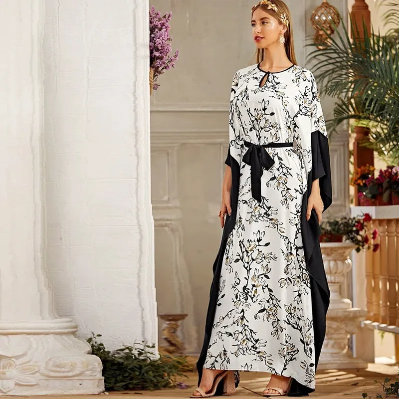 Muslim Dress, Abaya Bubble Sleeve Printed Dress for Women