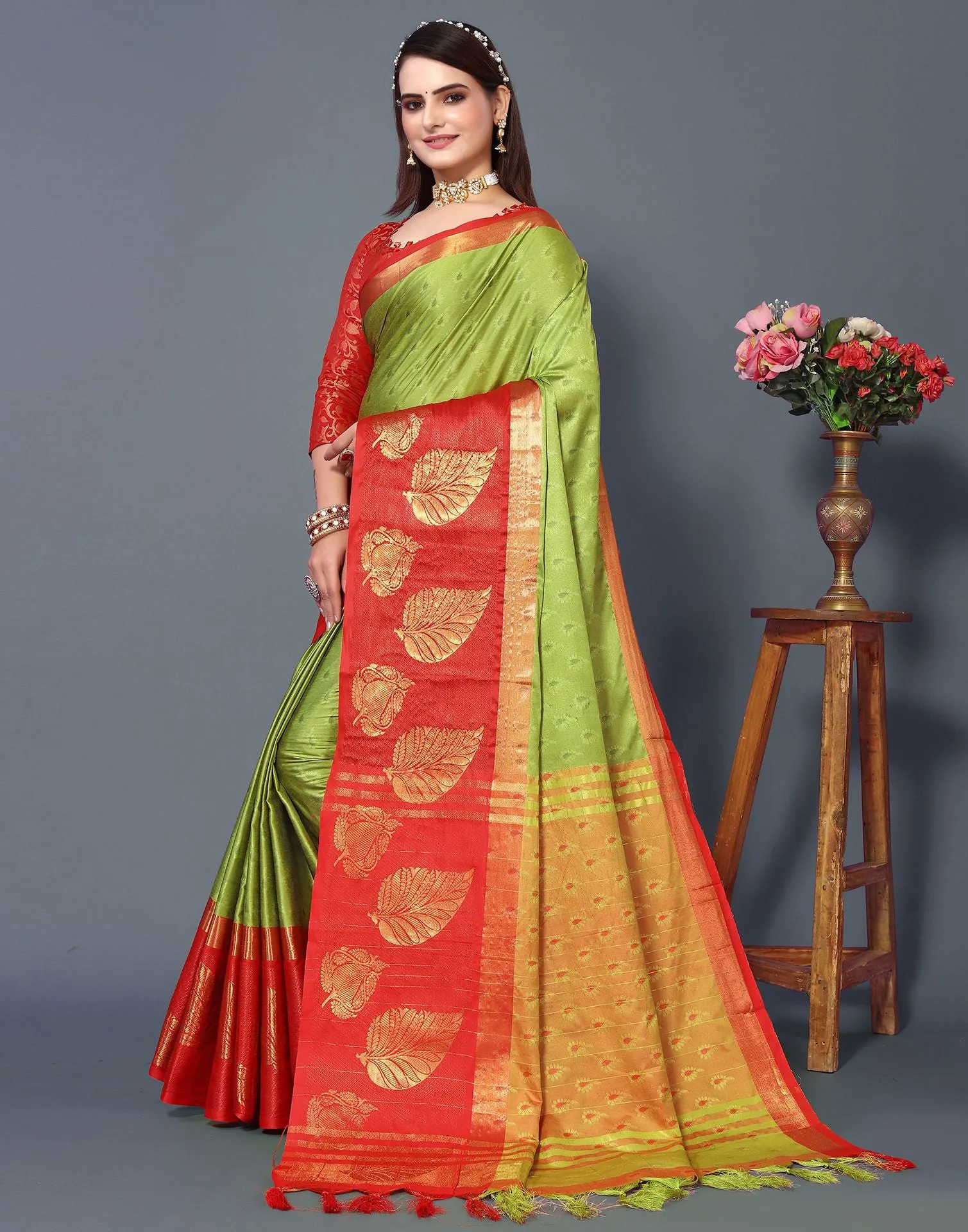 Olive Green Cotton Saree