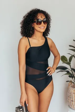 One Shoulder Mesh One Piece Swimsuit