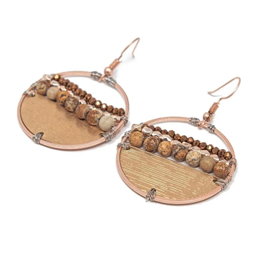 Peach Beaded Open Circle Drop Earrings Two Tone