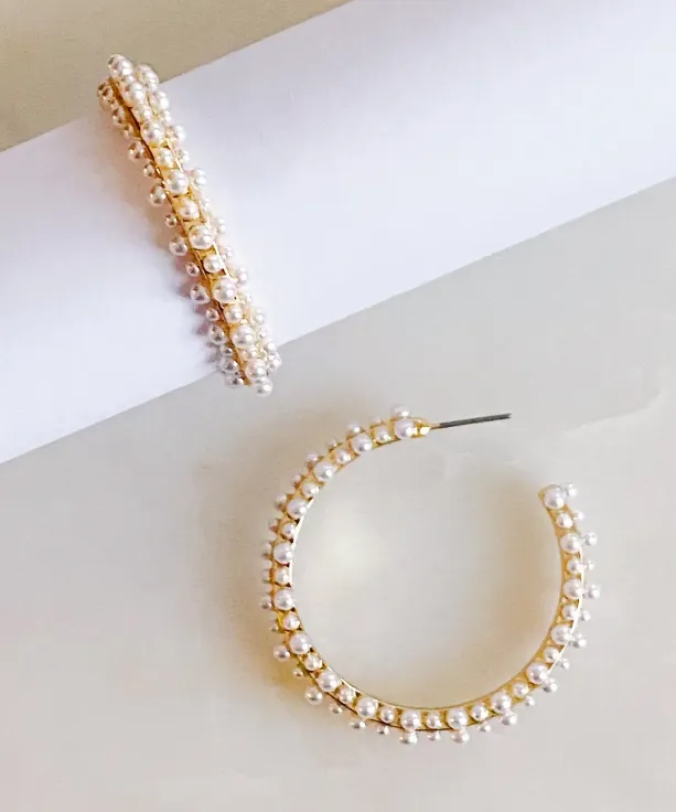 Pearl Deco Hoop Earrings - Gold