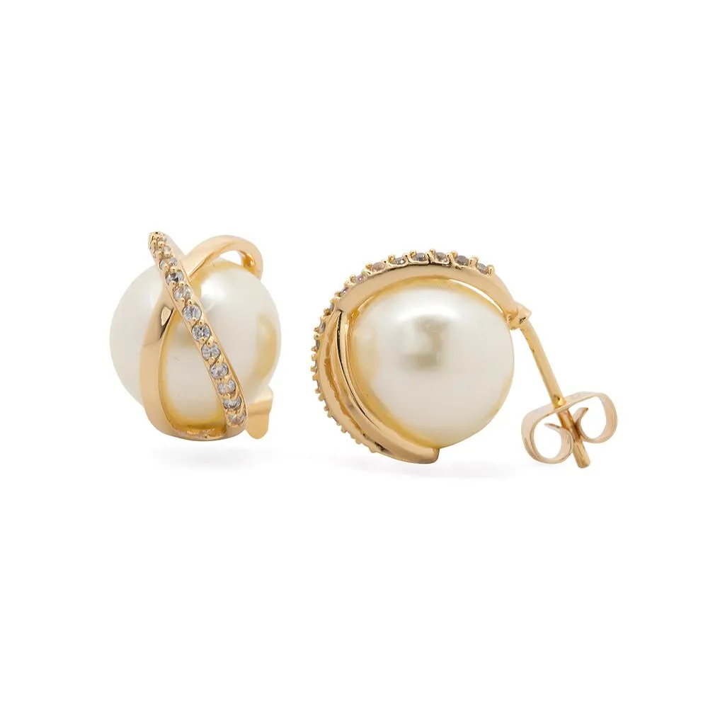 Pearl Earrings with Gold Plated Pave Crossover