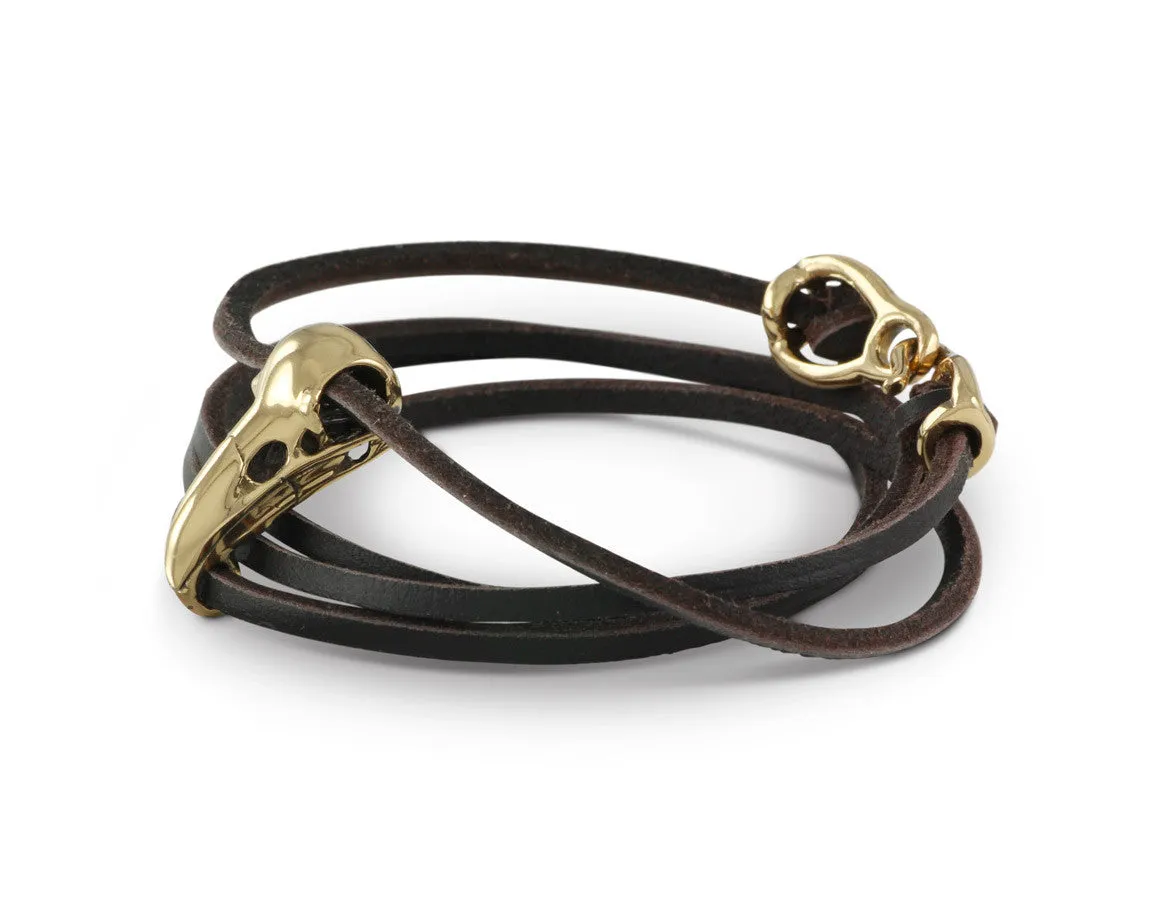 Raven Skull Leather Bracelet - Bronze