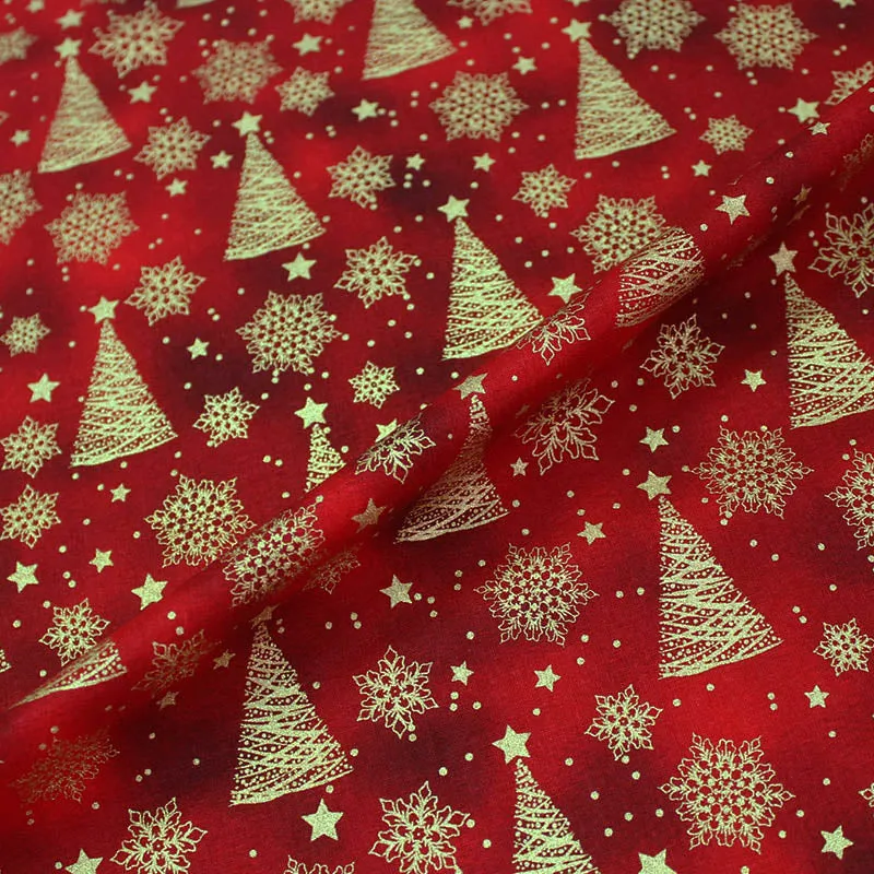 Red Christmas Cotton - Golden Trees