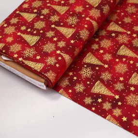 Red Christmas Cotton - Golden Trees