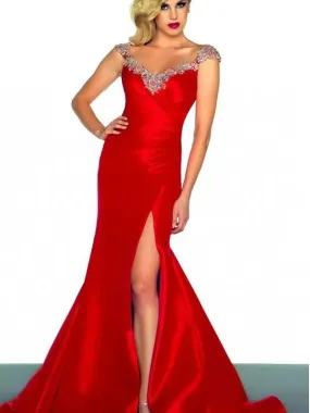 Red V-neck Mermaid High Slit Prom Dress, DB10998