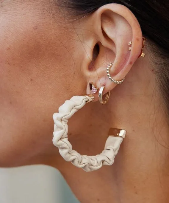 Rosalia Ruched Leather Hoop Earrings - Cream/Gold