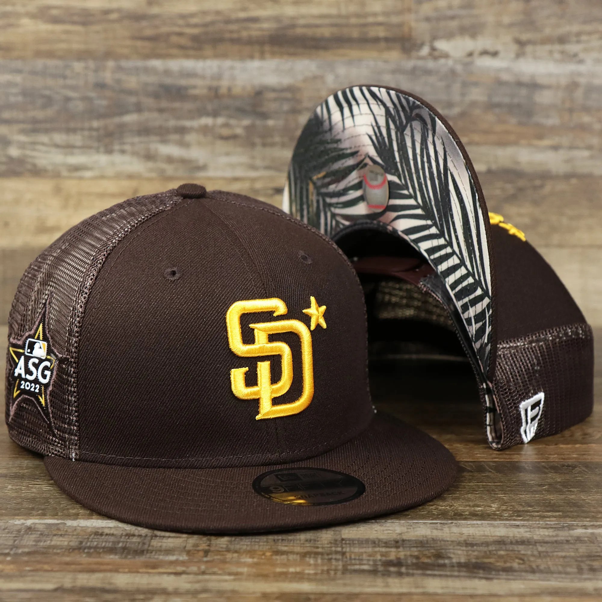 San Diego Padres Metallic All Star Game MLB 2022 Side Patch 9Fifty Mesh Snapback | ASG 2022 Brown Trucker Hat