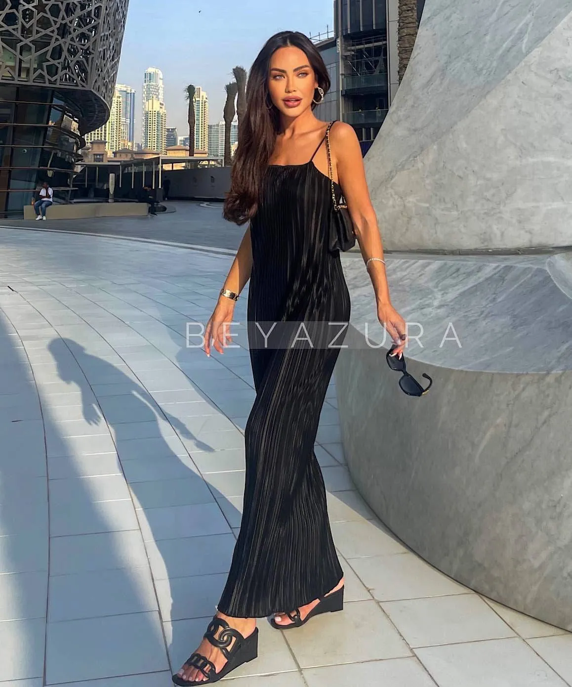 Satin Pleated Long Dress In Black