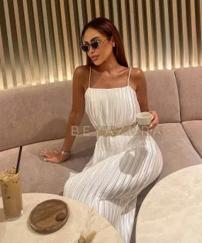 Satin Pleated Long Dress In White