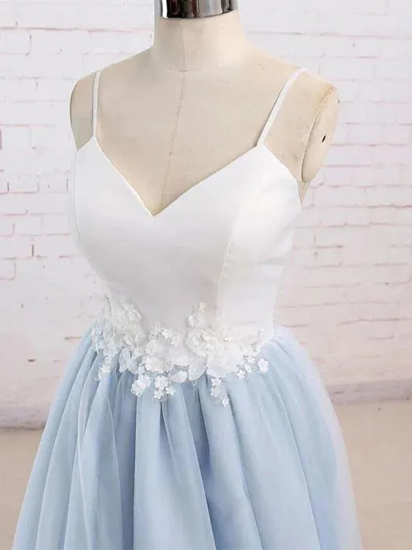 Spaghetti Straps Sweep Train Backless Light Blue Tulle Prom Dress Evening Dress OL589