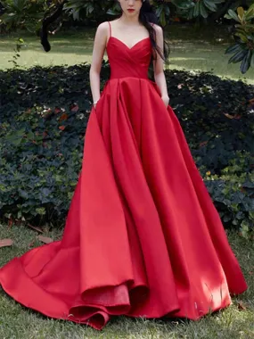 Spaghetti Straps V-neck A-line Red Satin Prom Dress Evening Dress, OL617